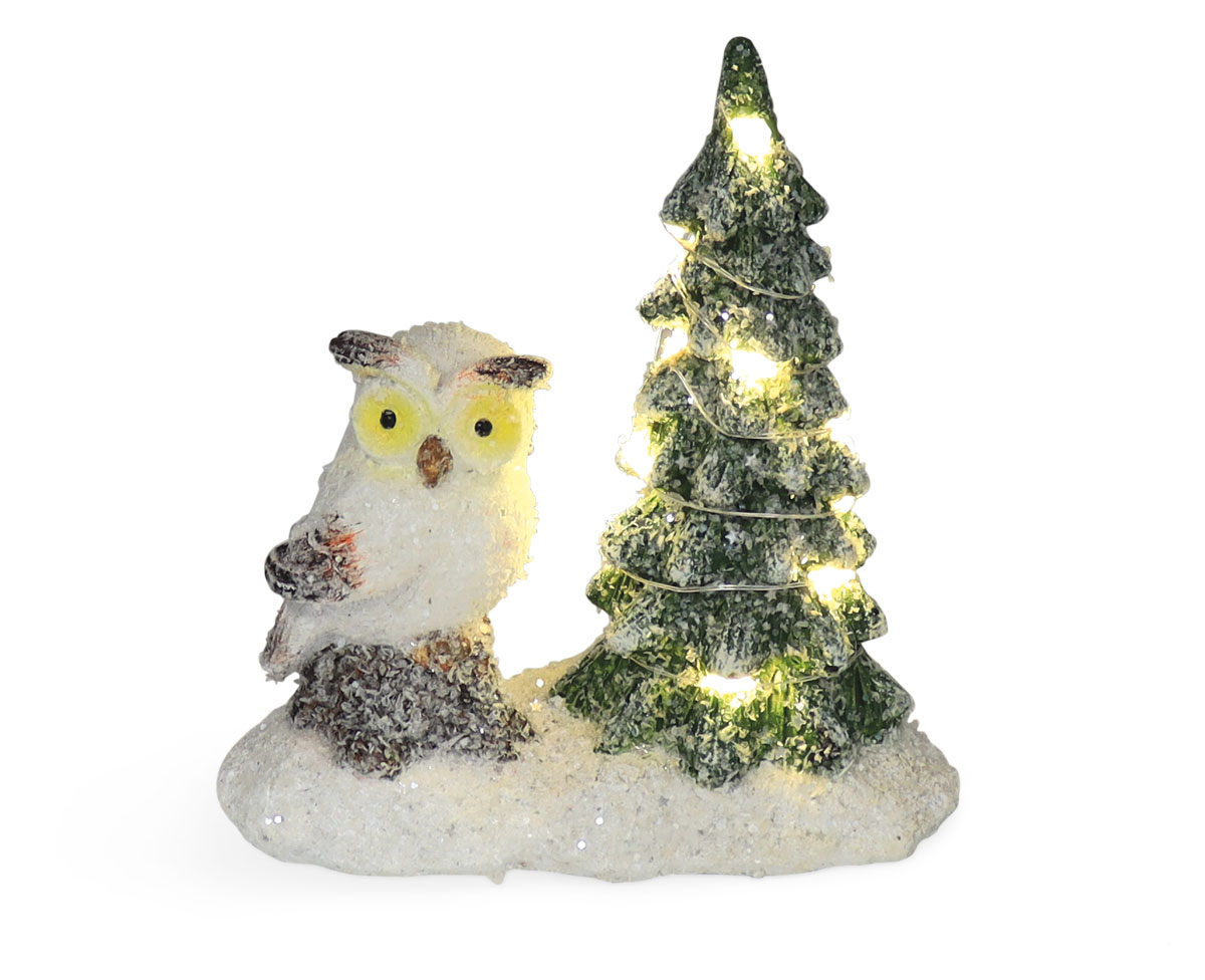 Tannenbaum mit LED und Eule, mit Timer, Polyresin
