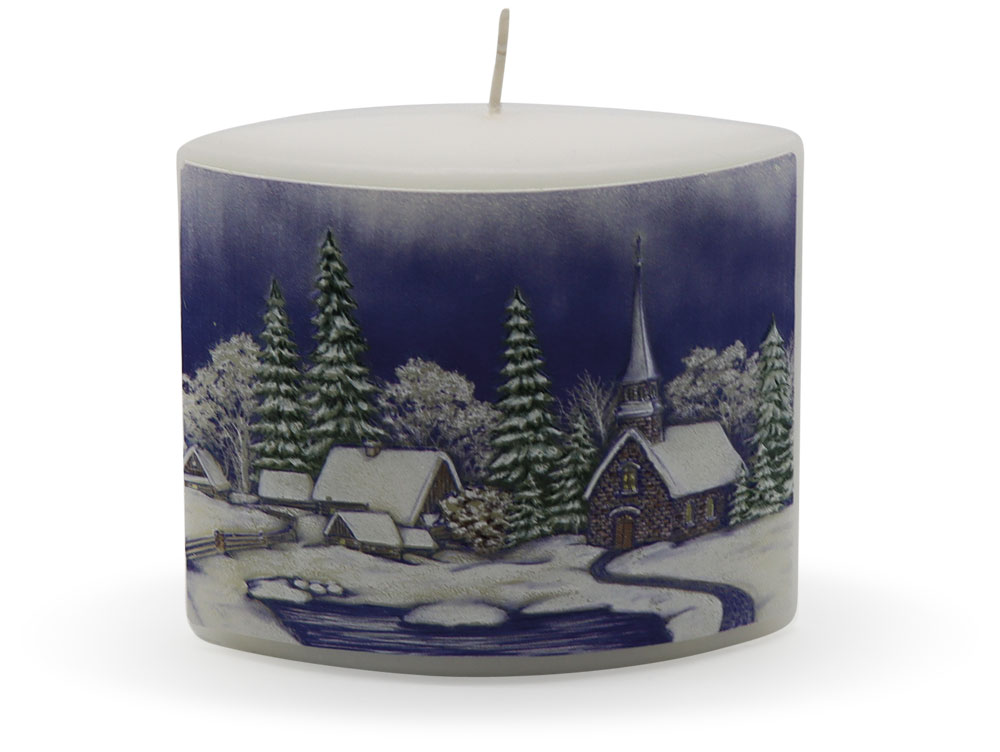 Kerze "Winterdorf" blau oval