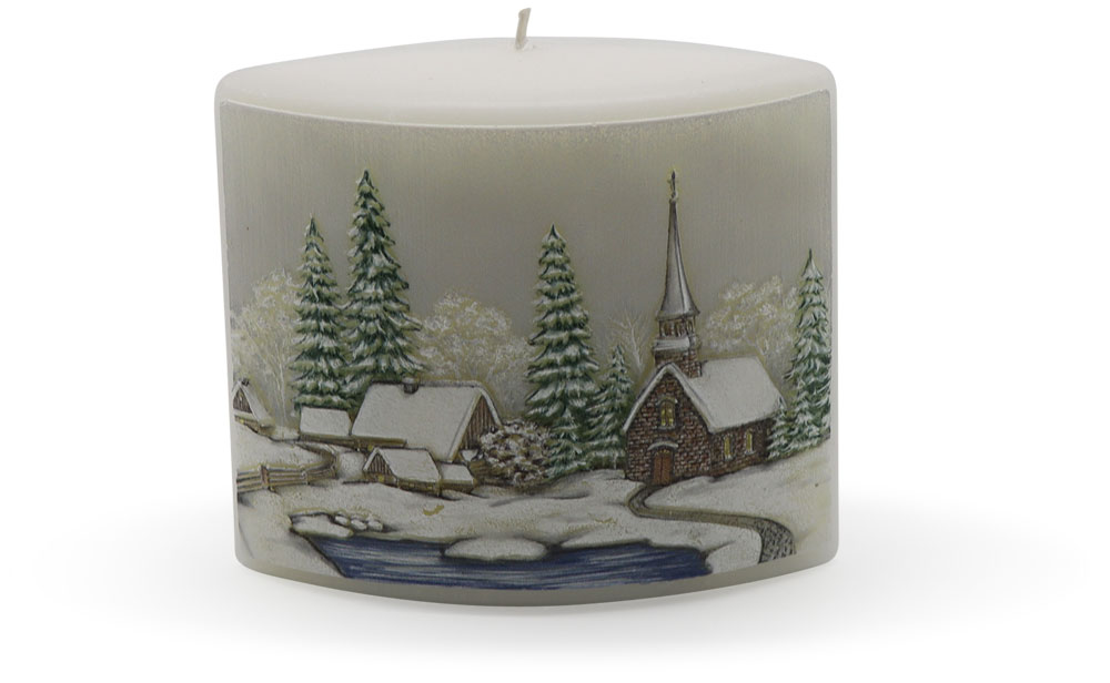 Kerze "Winterdorf" creme oval