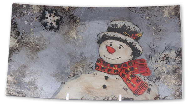Glass plate blue with snowman, rectangle