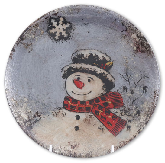 Glass plate blue with snowman, round