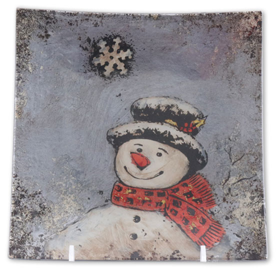 Glass plate blue with snowman, square