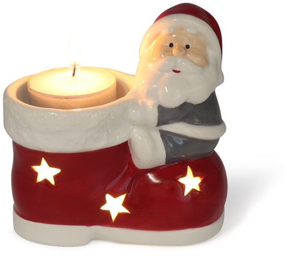 Teelichthalter Weihnachtsmann im Schuh, LED