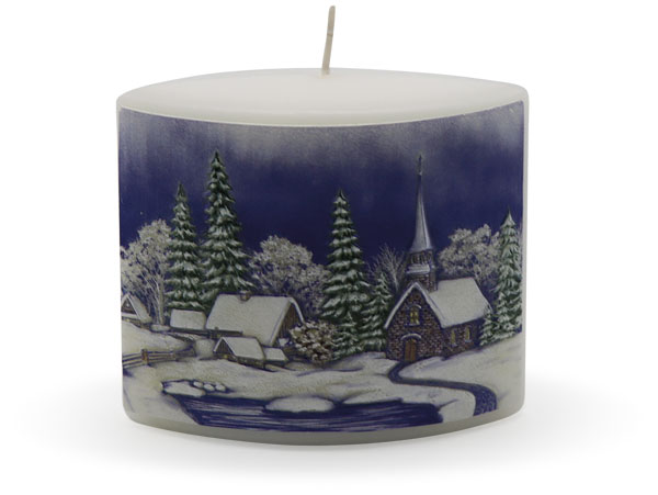 Candle "Winterdorf" (winter village) blue oval