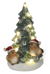 Tannenbaum mit LED und Spatzen, mit Timer, Polyresin