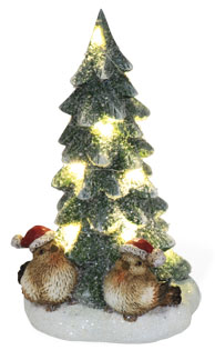Tannenbaum mit LED und Spatzen, mit Timer, Polyresin