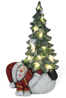 Schneemann Alfred mit Tannenbaum und LED, Polyresin