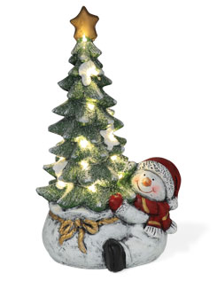 Schneemann Willi mit Tannenbaum und LED, Polyresin