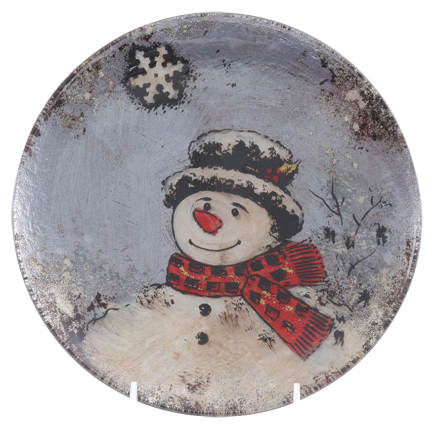 Glass plate blue with snowman, round, 