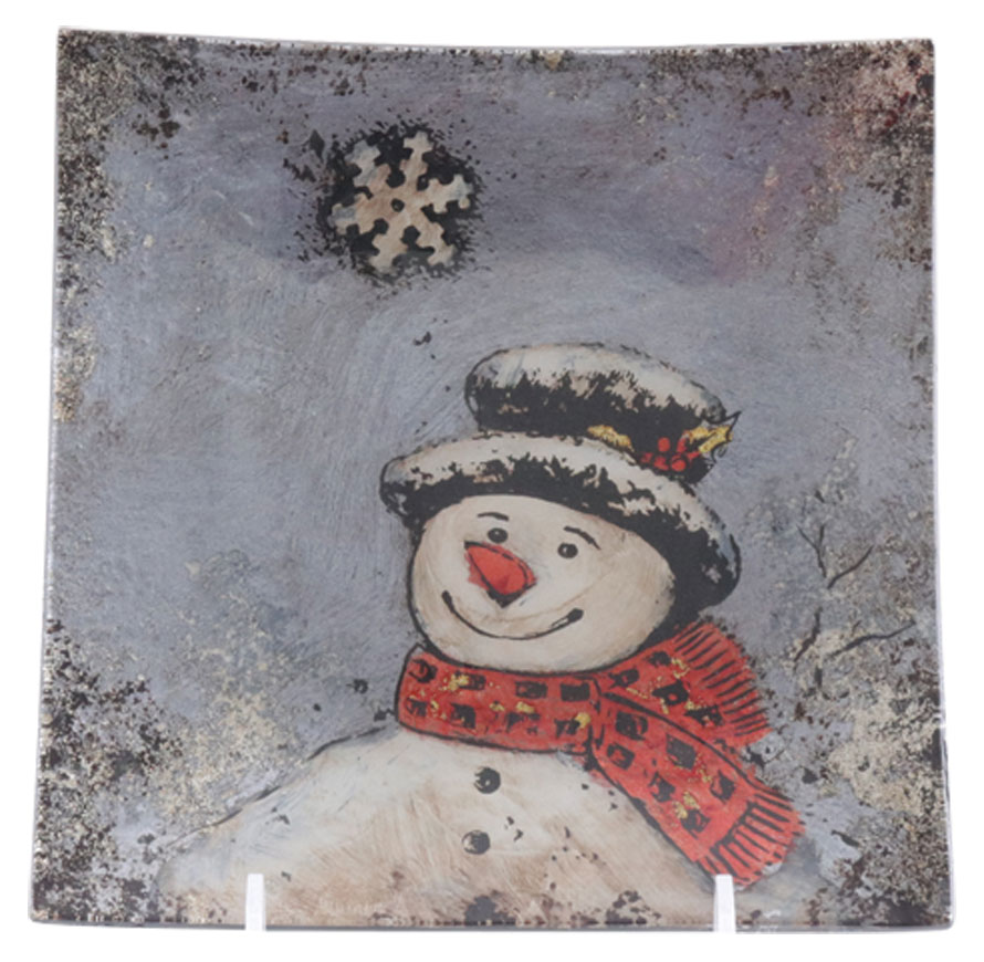 Glass plate blue with snowman, square, 