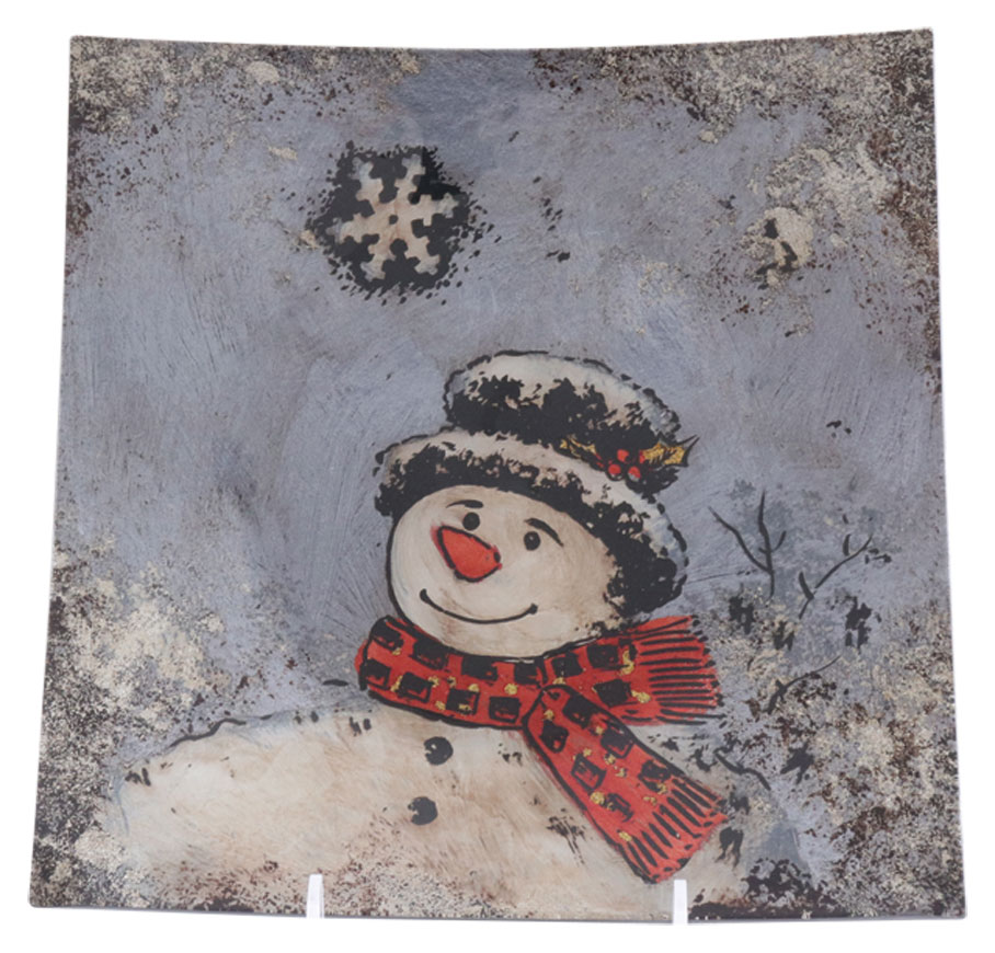 Glass plate blue with snowman, square, 