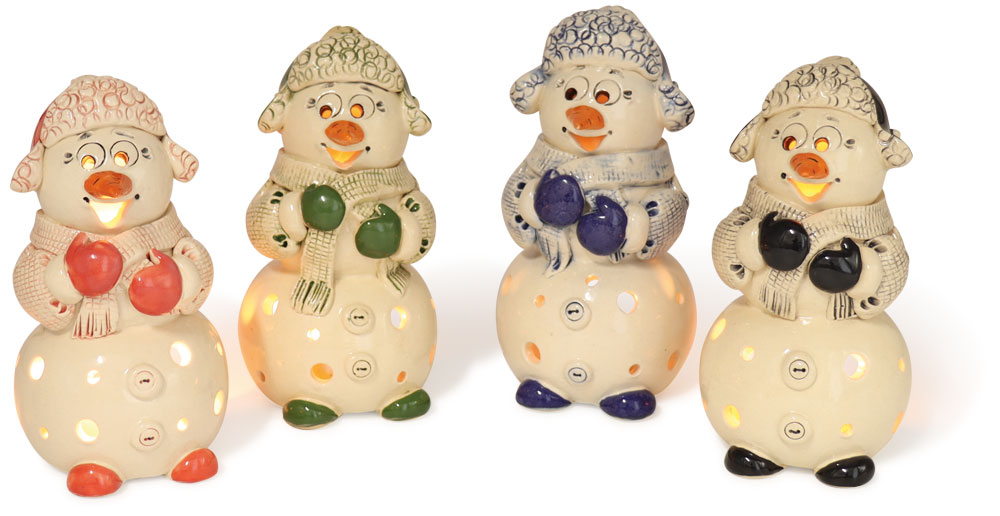 Tealight holder snowman with cap, mix of 4, 