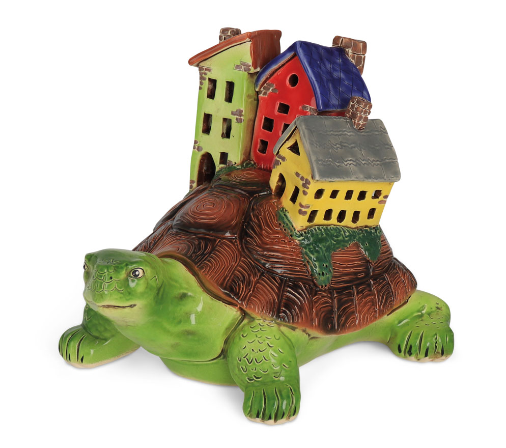 Coin bank turtle with houses, 