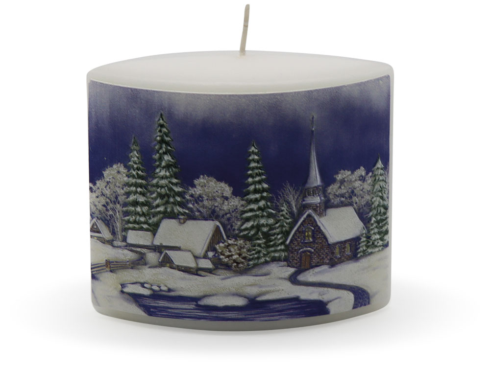 Candle "Winterdorf" (winter village) blue oval, 