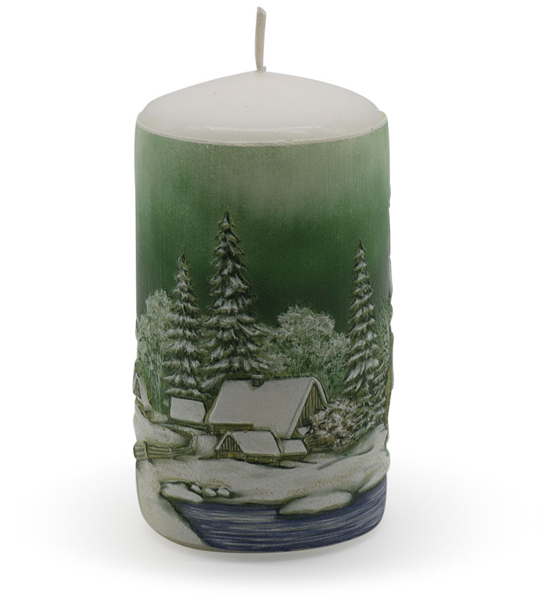 Candle cylinder "Winterdorf" (winter village) green, 